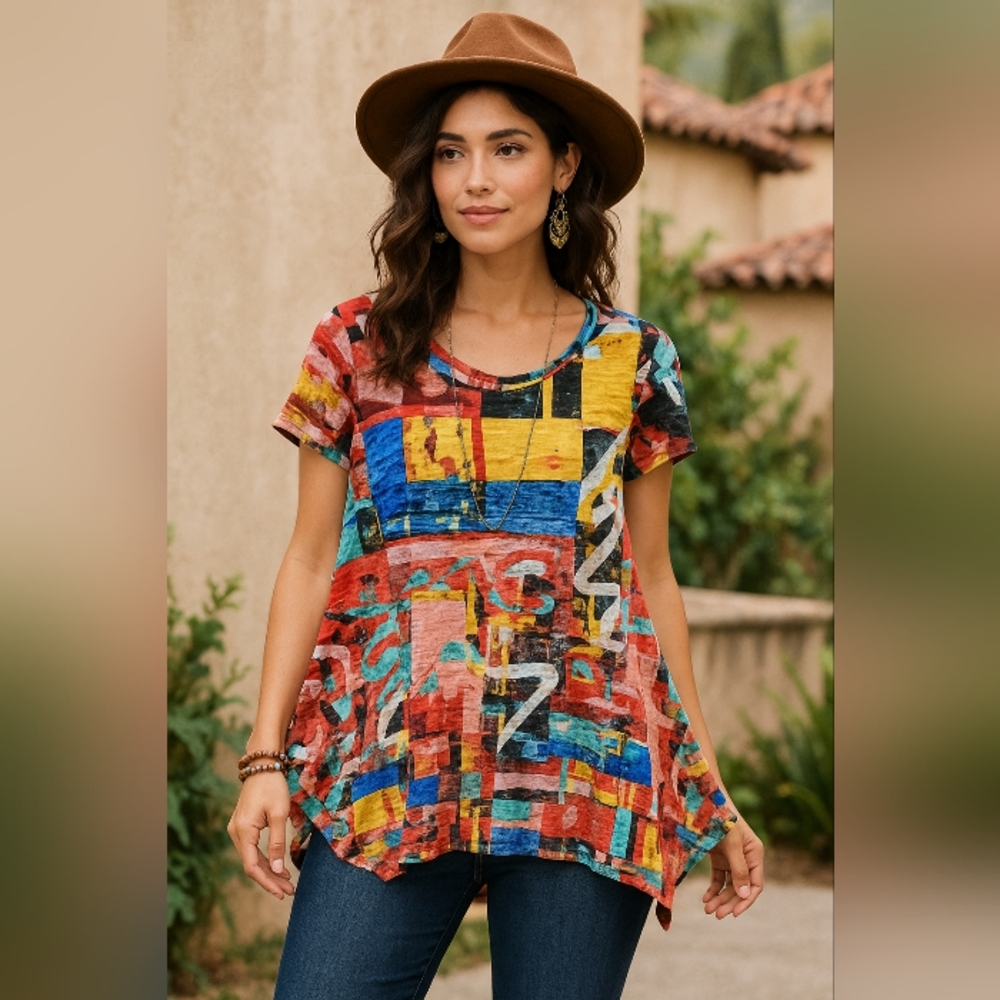Chelsea & Theodore Orange Red Graphic Short Sleeve Blouse